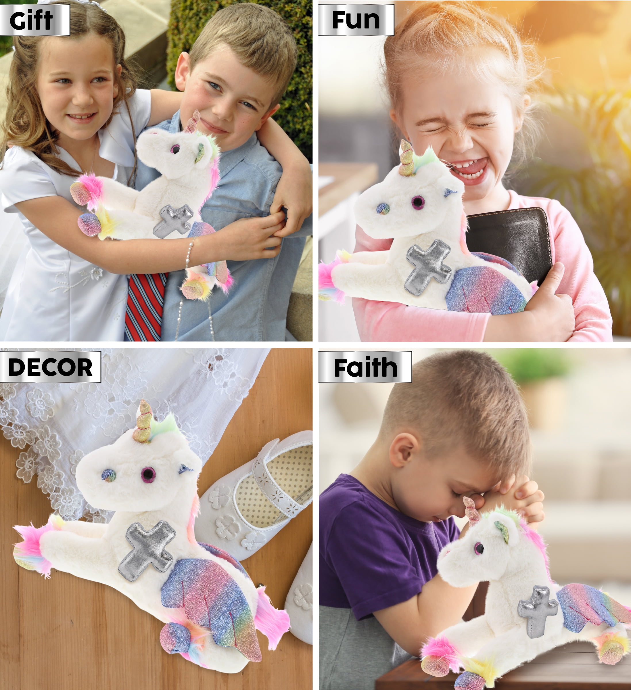DolliBu Royal Flying Unicorn Stuffed Animal with Silver Cross Plush - Religious Baptism Gifts for Boys and Girls, Dedication Christening Gifts Plush Prayer Toy Healing Stuffed Animal - 8 Inches