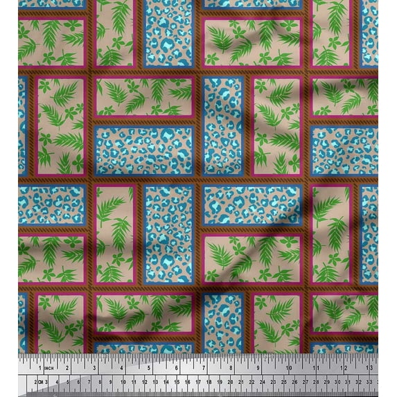 Soimoi Silk Fabric Leaves & Leopard Skin Patchwork Print Fabric by the Yard 42 Inch Wide