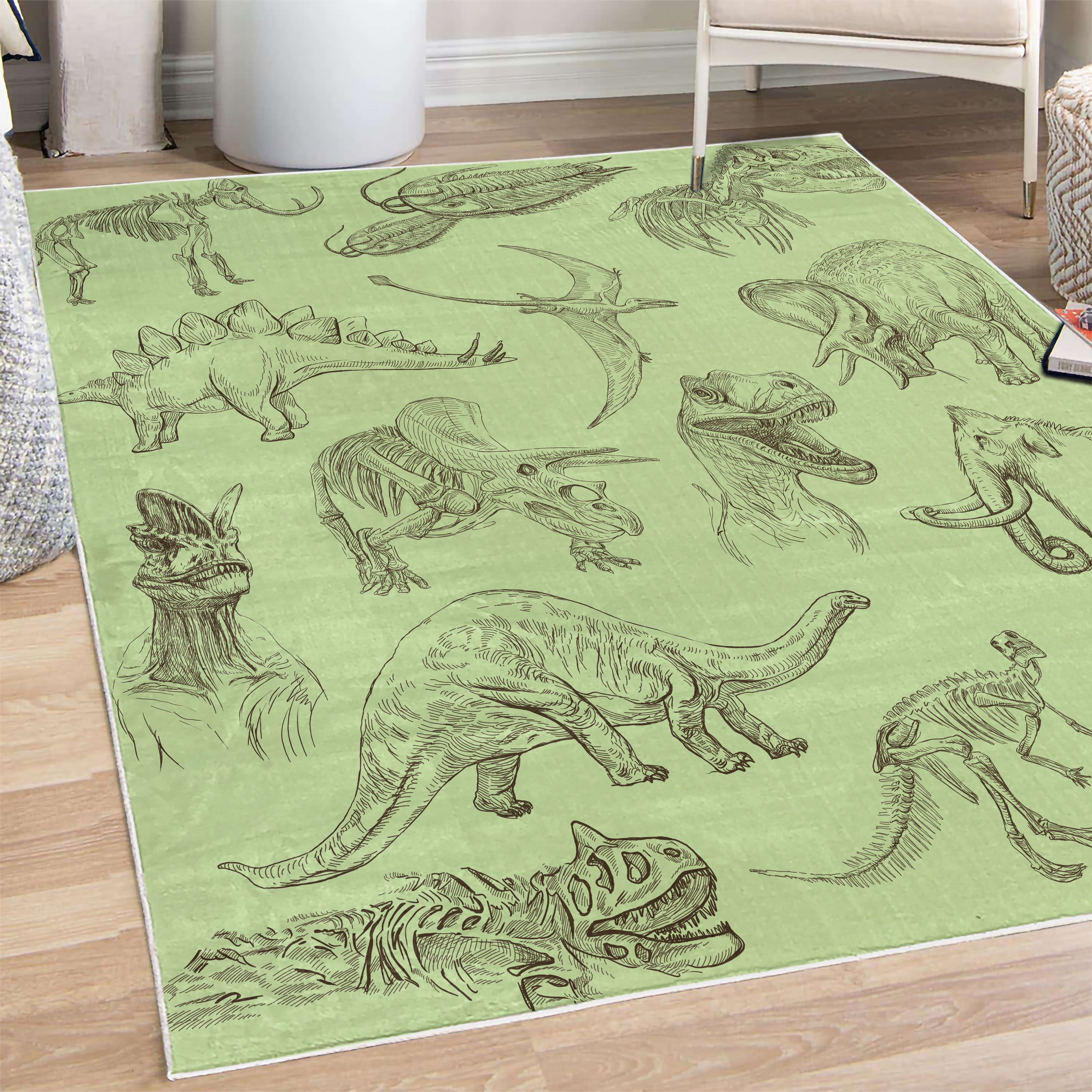 Jurassic Decorative Rug, Arrangement of Various Dinosaurs Illustrations Skeleton Biology