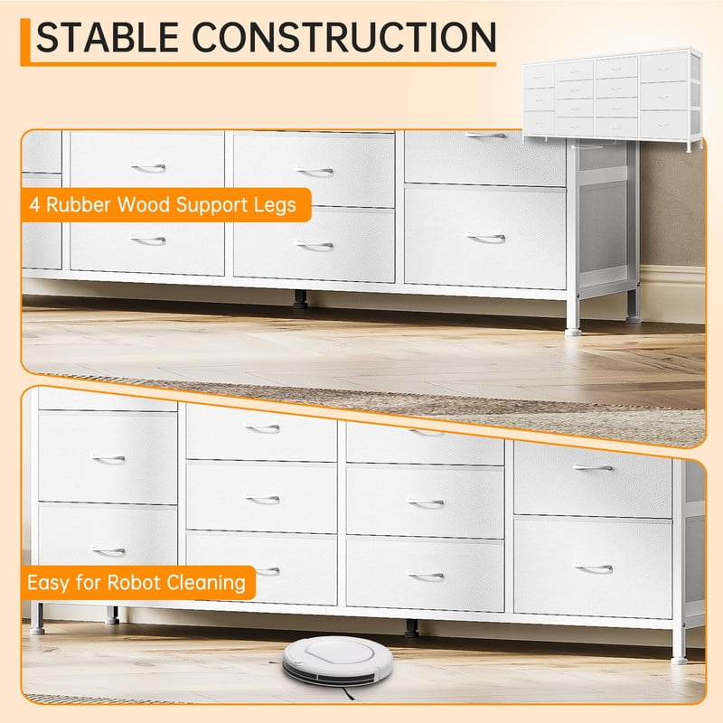 TROPOW 63" W Long Fabric Dresser TV Stand with 14 Drawers, Power Outlets, for 65 70 75 Inch TVs, Entertainment Center for Bedroom Living Room Storage