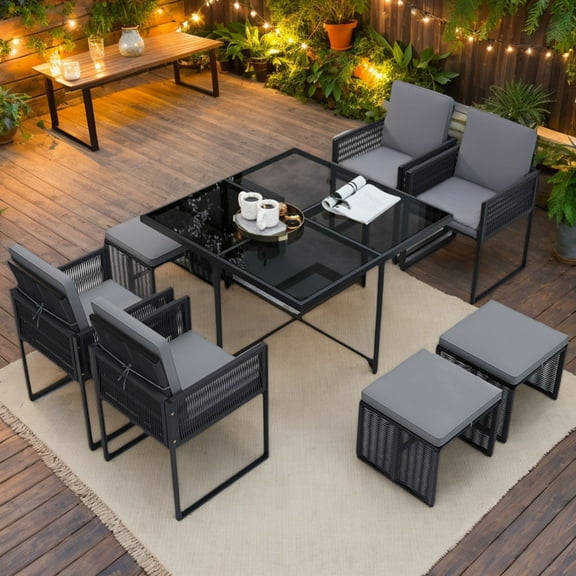 GVN Outdoor Conversation Sets,Patio Furniture Sets,9 Pieces Patio Dining Set with Cushions for Yard Garden-Gray