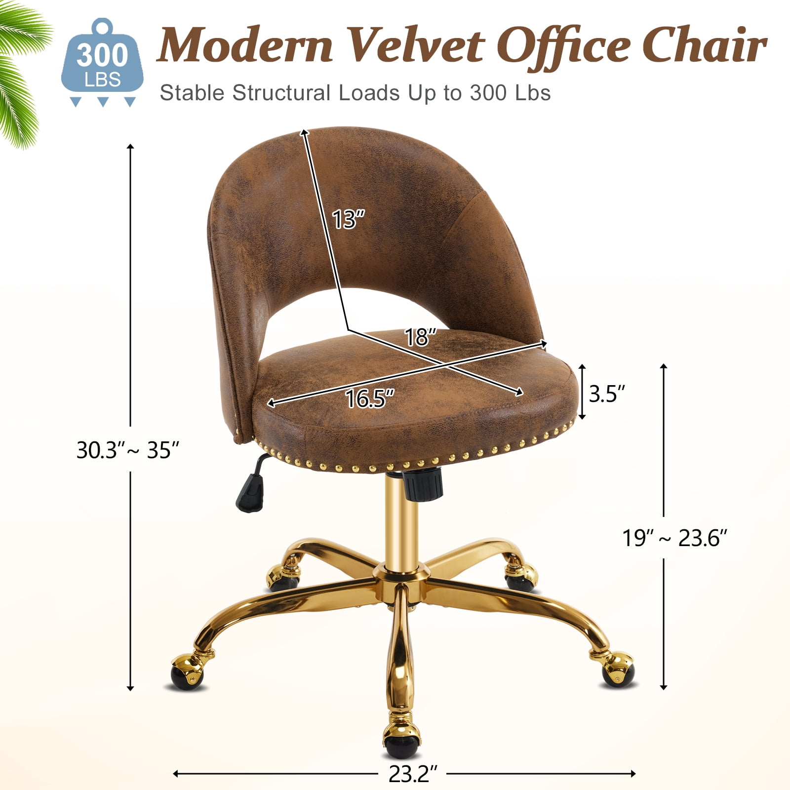 Ktaxon Office Desk Chair Adjustable Bronzing Cloth Fabric Computer Task Chair Small Rolling Vanity Stool with Wheels for Study Make-up Dressing Room Brown