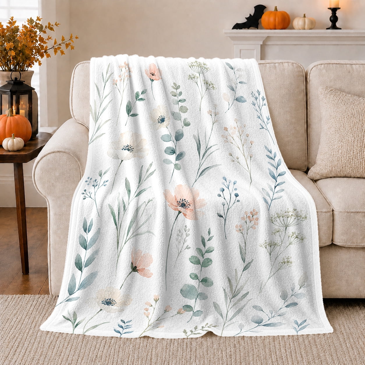 Autumn Botanical Watercolor Pumpkin Bat Halloween Festive Halloween Scene Warm Flannel Blanket for Living Room and Family Room Art Lovers Halloween Gift Festive Home Decor