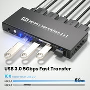 4K@60Hz HDMI KVM Switch 1 Monitors 2 Computers with 4 Port USB 3.0 Hub, 2 Port HDMI KVM Switch for 2 Computers Share 1 Set of Keyboard, Mouse and 1 Monitor