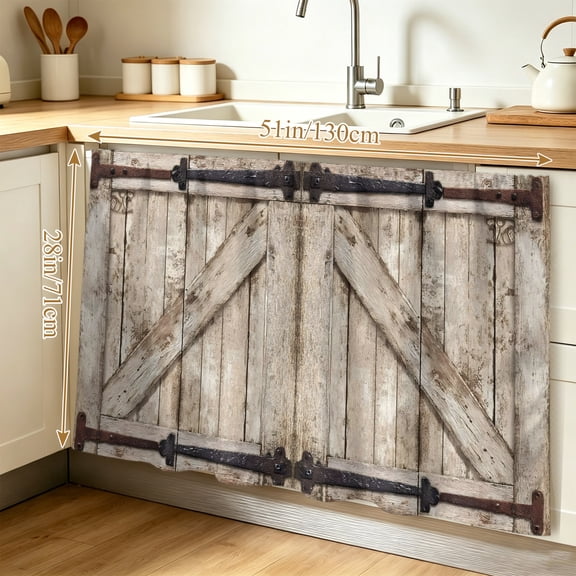 Farmhouse Wood Grain Cabinet Curtain 28"W x 51"L, Vintage Country Barn Gate Brown Dust-Proof Privacy Curtain for Closet Shelves Self Adhesive, Sink Skirt for Bathroom Vanity Kitchen Laundry Room