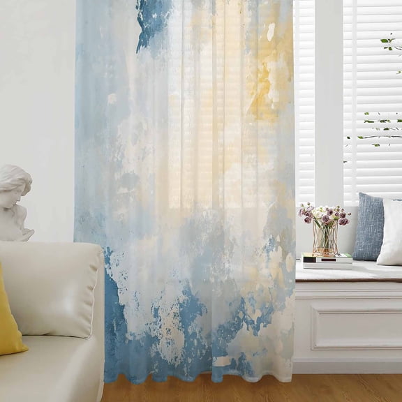 Blue Yellow Sheer Curtains 84 Inch Length, Light Filtering Voile Curtain Panel, Modern Vintage Oil Painting Abstract Rod Pocket Drapes Window Treatments for Living Room Bedroom 52"x84"