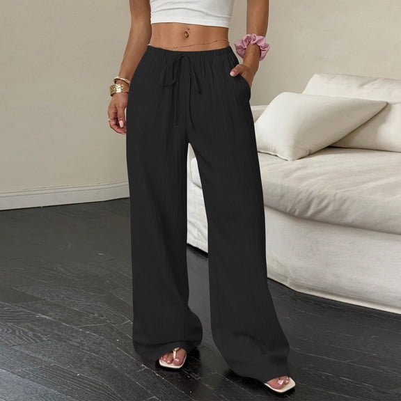 Nestiefly Wide Leg Linen Pants Women Casual Summer Beach Palazzo Pants High Waisted Straight Leg Lounge Trousers with Pockets Black XL
