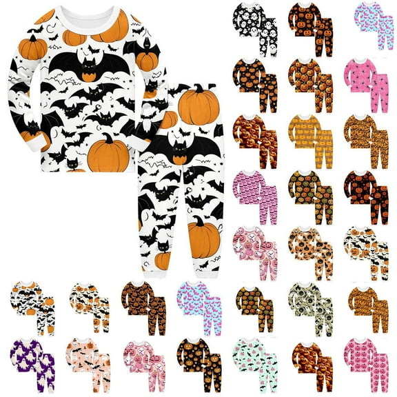 Gelikeya Toddler Kids Halloween Pajamas Boys Girls Casual Long Sleeve Tops Pants 2 Piece Outfit Pajama Sets (Orange, 5-6 Years)