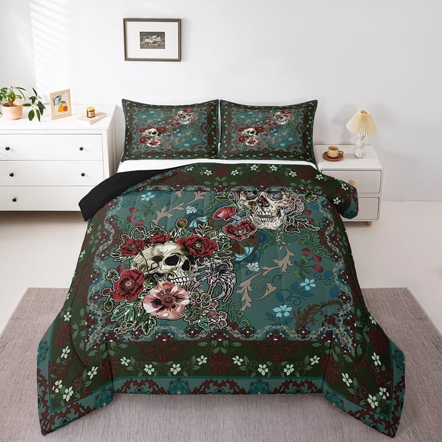 Erosebridal Gothic Skull Comforter Sets Queen Size,Exotic Style Bedding Queen Comforter Set,Ultra Soft Reversible Bedding Sets Queen with Comforter,Bohemian Decor,3 Pieces