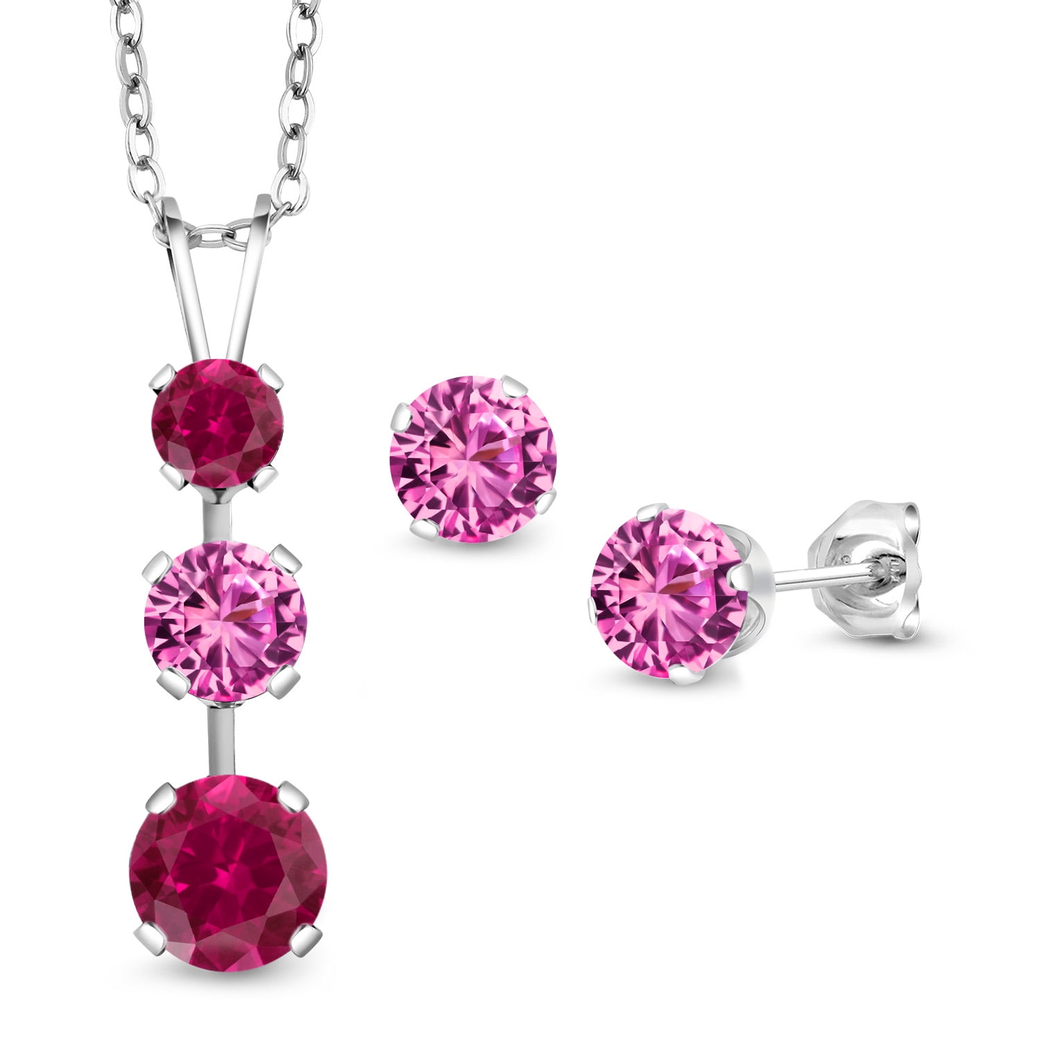 Gem Stone King 925 Sterling Silver Red Created Ruby and Pink Created Sapphire Pendant and Earrings Jewelry Set for Women (2.90 Cttw, Gemstone July Birthstone, with 18 inch Chain)