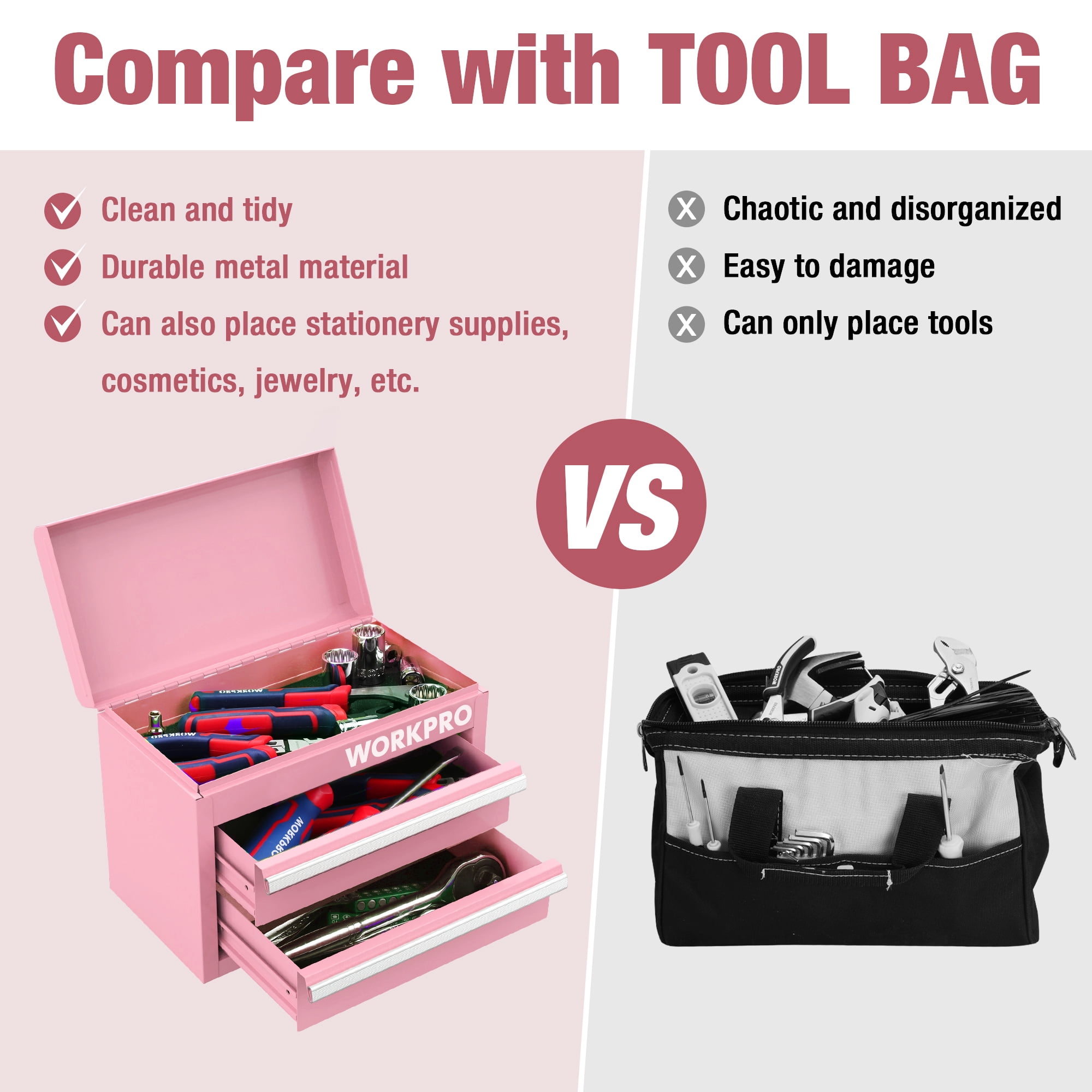 WORKPRO Mini Metal Tool Box, Cold Rolled Steel, 2 Drawers with Magnetic Tabs, PVC Liners, PP Feet Pads, Macaron, 10.8 x 5.9 x 8.2 in