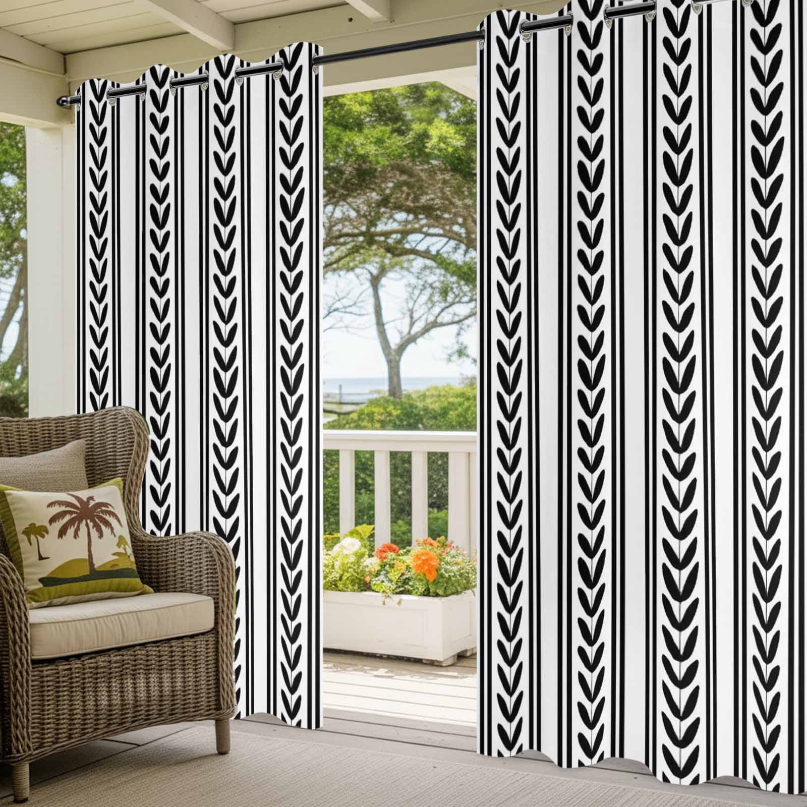 Black Leaves Striped Outdoor Curtains for Patio, Rustic Farmhouse Country Stripe Modern Sunshade Privacy Drapes Grommet Waterproof Outside Curtains for Porch/Cabana/Balcony 54"x 108", 1 Panel