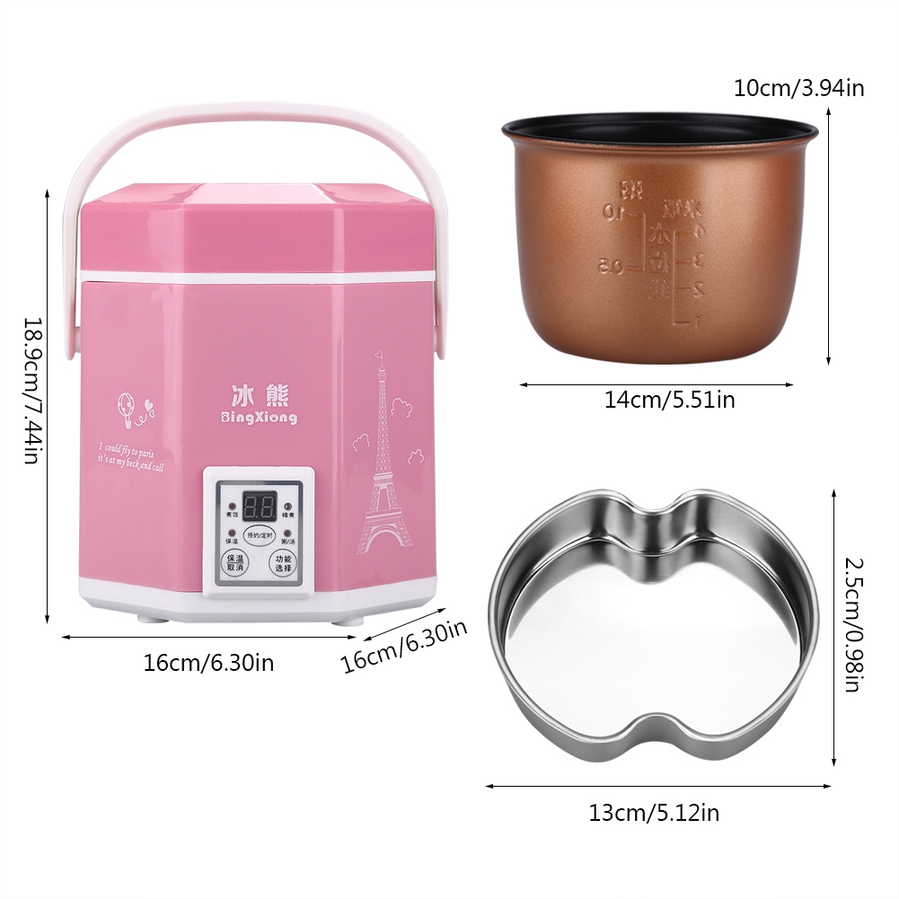 Multi-Function Cooking Pot for On-the-Go Portable 1.2L 200W Mini Rice Cooker with Dual Steaming Layer, Pink