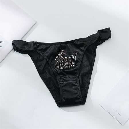 Rigardu Hot Sale!! Women s Lace Panties Hollow Mesh Low Waist Underwear 2025 Trendy Satin One Strap Trousers Narrow Crotch Th*Ong Swan Hot Drilling Colourful Th*Ong Women s Black S