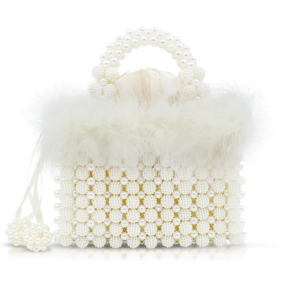 Zhengup Women Pearl Purse,Evening Bags, Artificial Pearl Clutch, Square Feather Handbags, White Purse for Party Wedding Travel