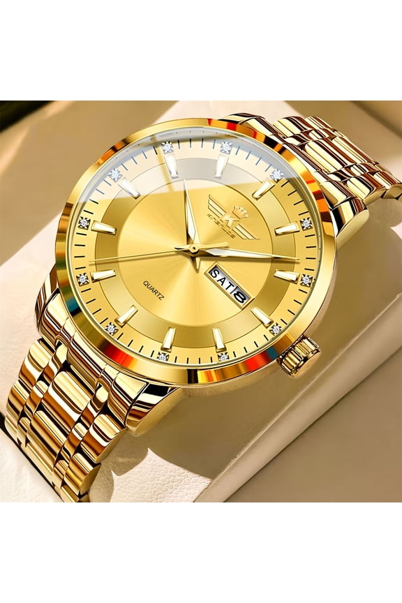 Mens Watches Stainless Date Casual Wrist Watch Fashion Round Dial Watches for Business Dress Quartz Gold with Gold Face
