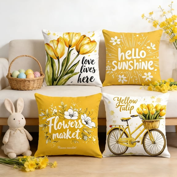 AUQ Spring Summer Pillow Covers 18X18 Set of 4,Outdoor Floral Daisy Decorative Yellow Throw Pillow Covers,You Are My Sunshine Farmhouse Cushion Case for Couch Sofa Indoor Home Decor (No Insert)