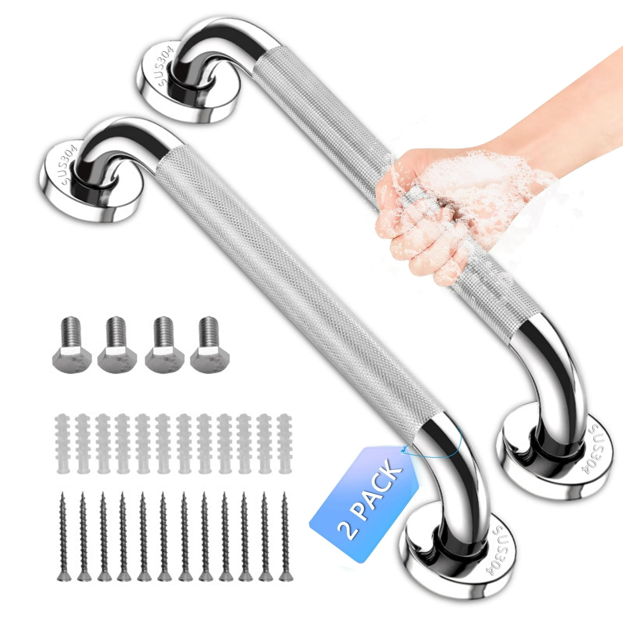 Yalumo Grab Bars for Bathtubs and Showers, 2 Pack 16 Inch Stainless Steel 1.25” Diameter Bathroom Grab Bar and Toilet Rail, Anti-Slip Safety Shower Handles for Elderly, Seniors and Handicap