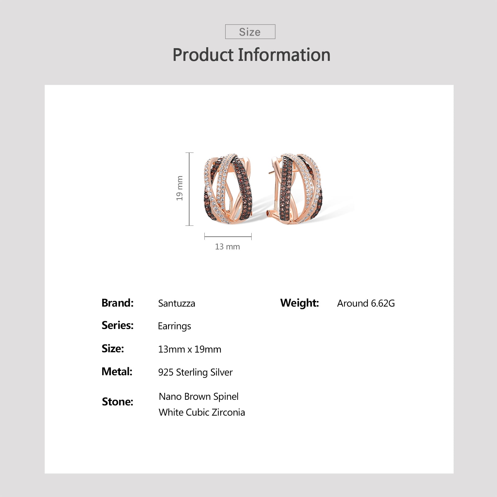 Santuzza Twisted Earrings 925 Sterling Silver Nano Brown Spinel White Cubic Zirconia Omega Back Earrings for Women