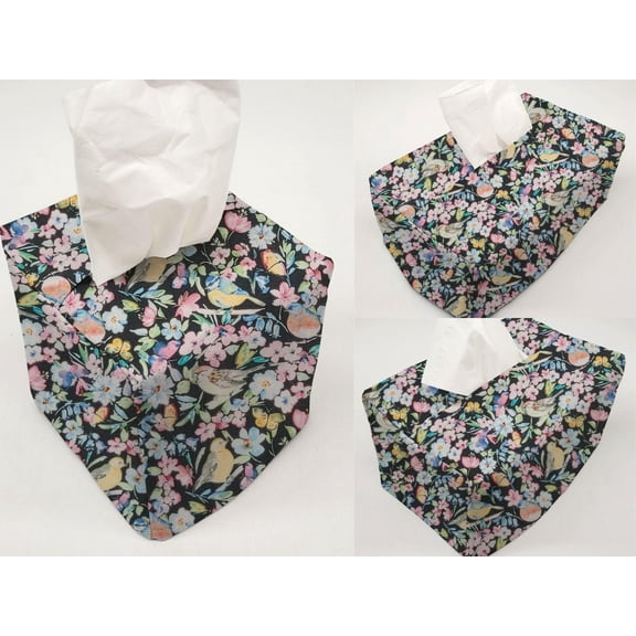 Birds & Butterflies in Blooms Tissue Box Cover by Penny's Needful Things (Short Rectangle) (Black)