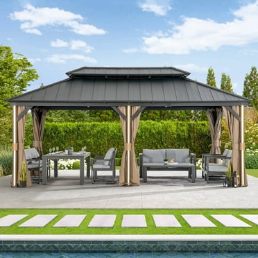 Modern Shade Hardtop Gazebo 12' x 20' Gazebo with 6 LED Lights, Outdoor Gazebo with Galvanized Steel Double Roof, Metal Gazebo with USB & USB-C Charging Port Deck, Netting and Curtains for Patios