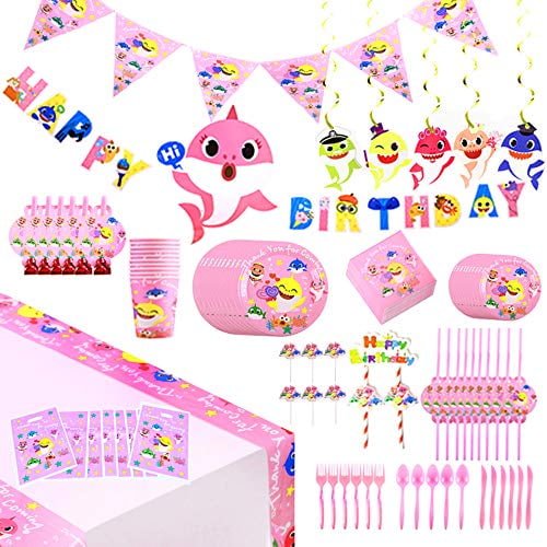 Flatware 142 Pcs Baby Cute Shark Party Favor Party Decorations Pink Theme Birthday Party Supplies Plates Knife Table Covers Straws Cups Tablecloth Birthday Party Favor Pack Set Balloon Pennant Spoons Cake Toppers Fork Banner Napkins Blowouts