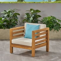 Frankie Outdoor Acacia Wood Club Chair with Cushion, Teak and Beige