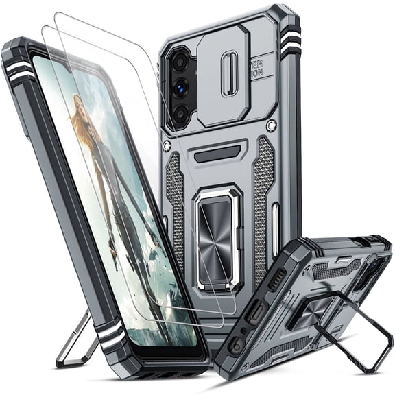 LeYi for Galaxy A13 5G Case, Samsung A13 Case with Slide Camera Cover   [2 Packs] Tempered Glass Screen Protector, Full Body Military-Grade Case with Upgrade Kickstand for Galaxy A13 5G, Gray