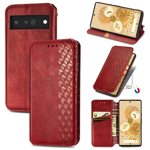 SaniMore Wallet Case for Google Pixel 8A, Vintage PU Leather Case Card Slots Cash Pocket Stand Feature Magnetic Closure Anti-drop Shockproof Full Body Protective Case, Red
