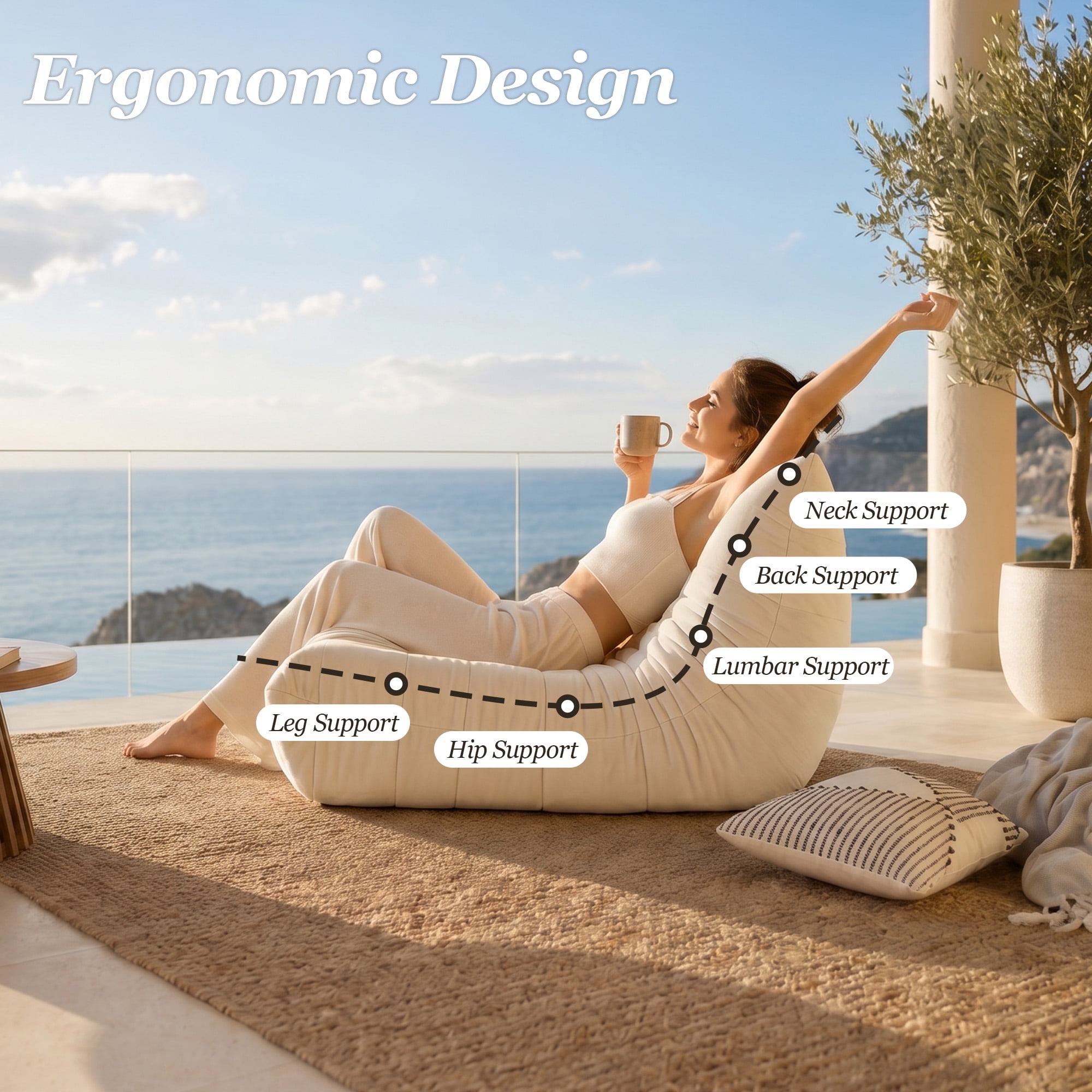 MOONMISS 53.14" Chenille Upholstered Oversized Lazy Sofa, 2-Seater Floor Sofa,Deep Seat Floor Bean Bag Loveseat for Cozy Home Decor, Beige