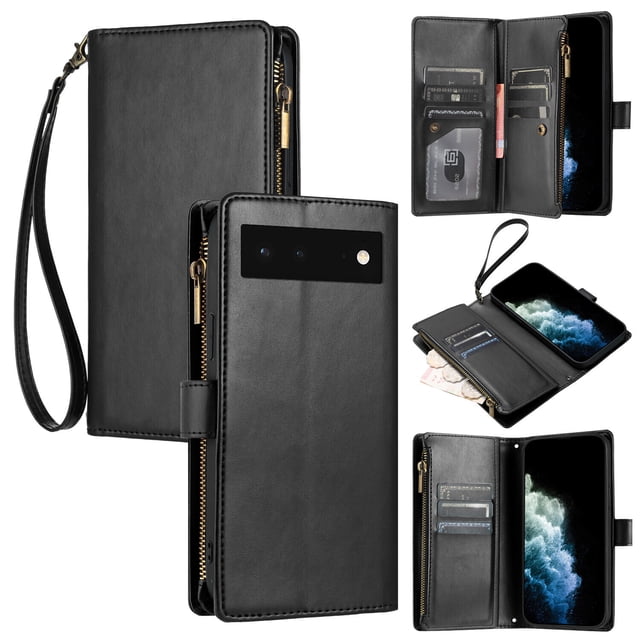 Compatible with Google Pixel 6 Wallet Case Premium Zipper Large Space Flip PU Leather Cover