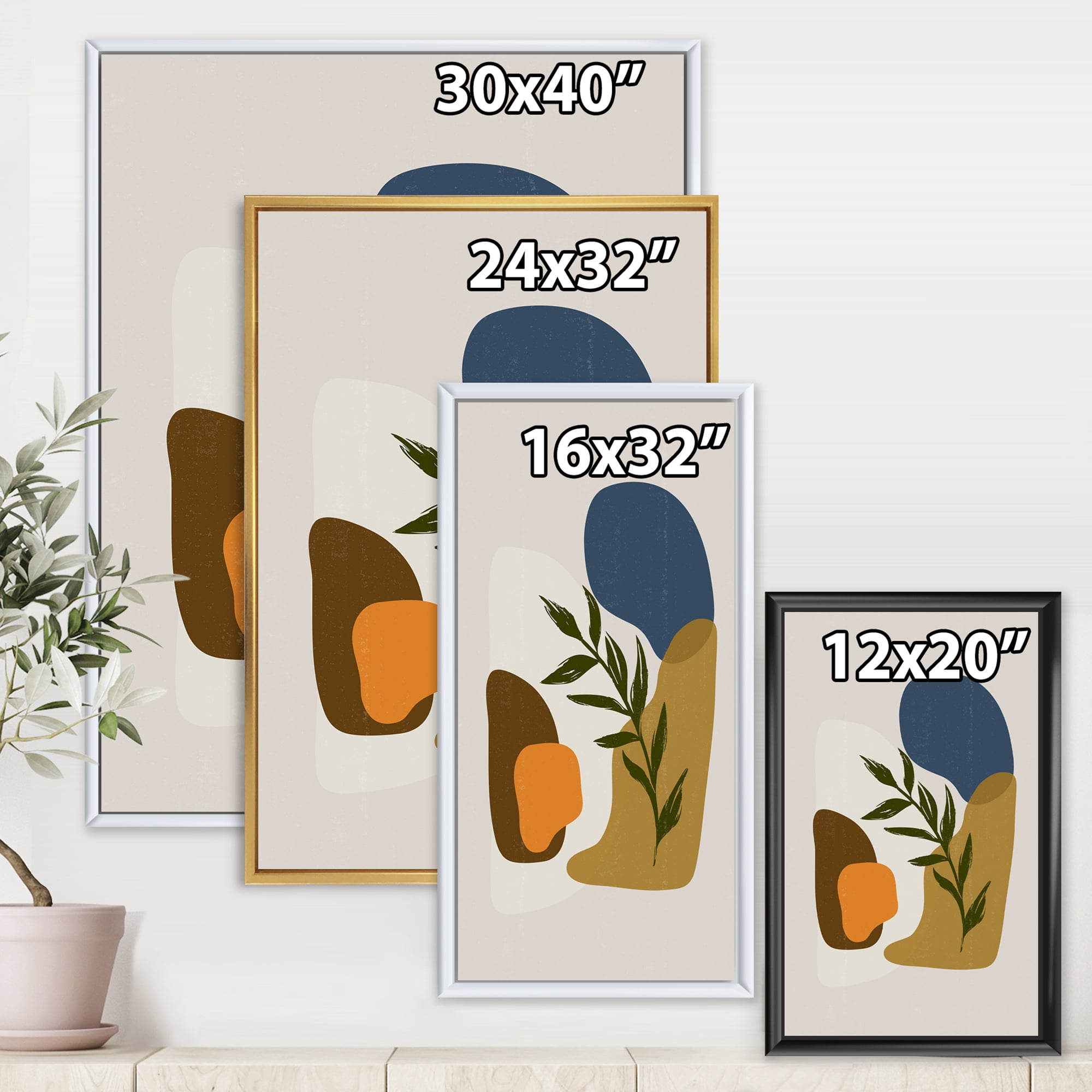 Green Leaf With Botanical Minimalist Shapes 24 in x 32 in Framed Painting Canvas Art Print, by Designart