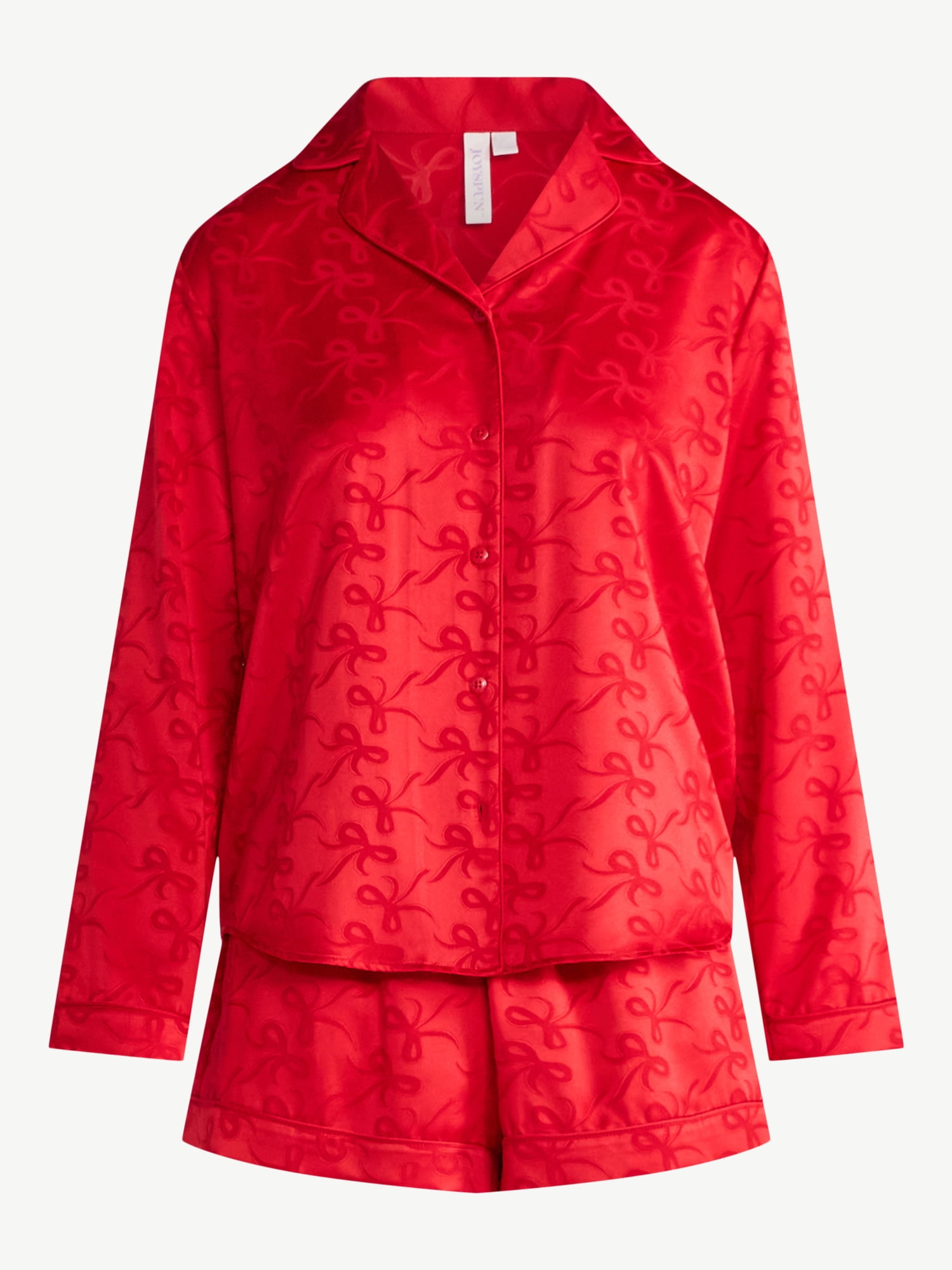 Joyspun Women’s Stretch Satin Notch Long Sleeve Top and Shorts Pajama Set, 2-Piece, Sizes XS-3X