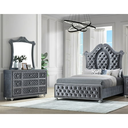 Luxurious Beautiful Queen Size 3pc Bed Dresser Mirror Set Tufted Gray