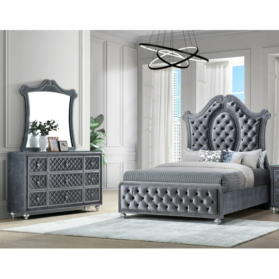 Luxurious Beautiful Queen Size 3pc Bed Dresser Mirror Set Tufted Gray