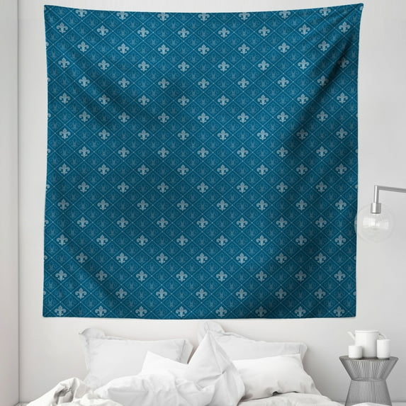 Fleur De Lis Tapestry, Middle Ages Abstract Floral Arrangement Pattern with Baroque Elements, Fabric Wall Hanging Decor for Bedroom Living Room Dorm, 5 Sizes, Blue Grey, by Ambesonne