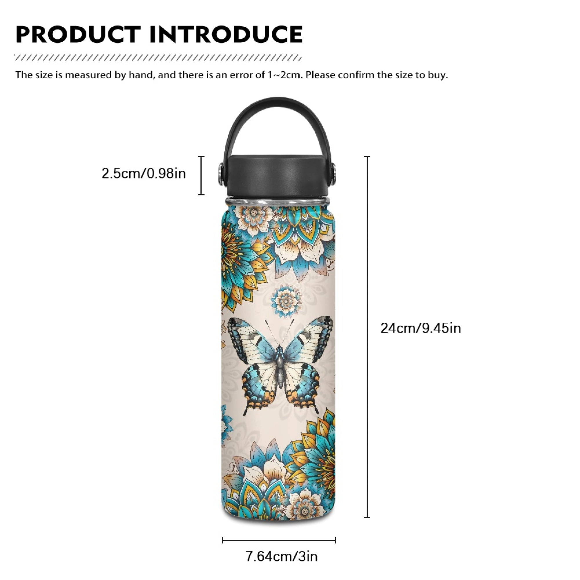 SEANATIVE 20oz Insulated Water Bottle Boho Mandala Butterfly Stainless Steel Double-Walled Canteen for Cold Drinks for Hot Beverages Vacuum Insulated Reusable Bottle