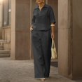 thumbnail image 6 of Feancey Vacation Outfits for Women 2 Piece Set Linen Short Sleeve Laplel V Neck Top and Elastic Waist Pant Lounge Sets Solid Color Loose Travel Outfit with Pockets Dark Gray XL, 6 of 10