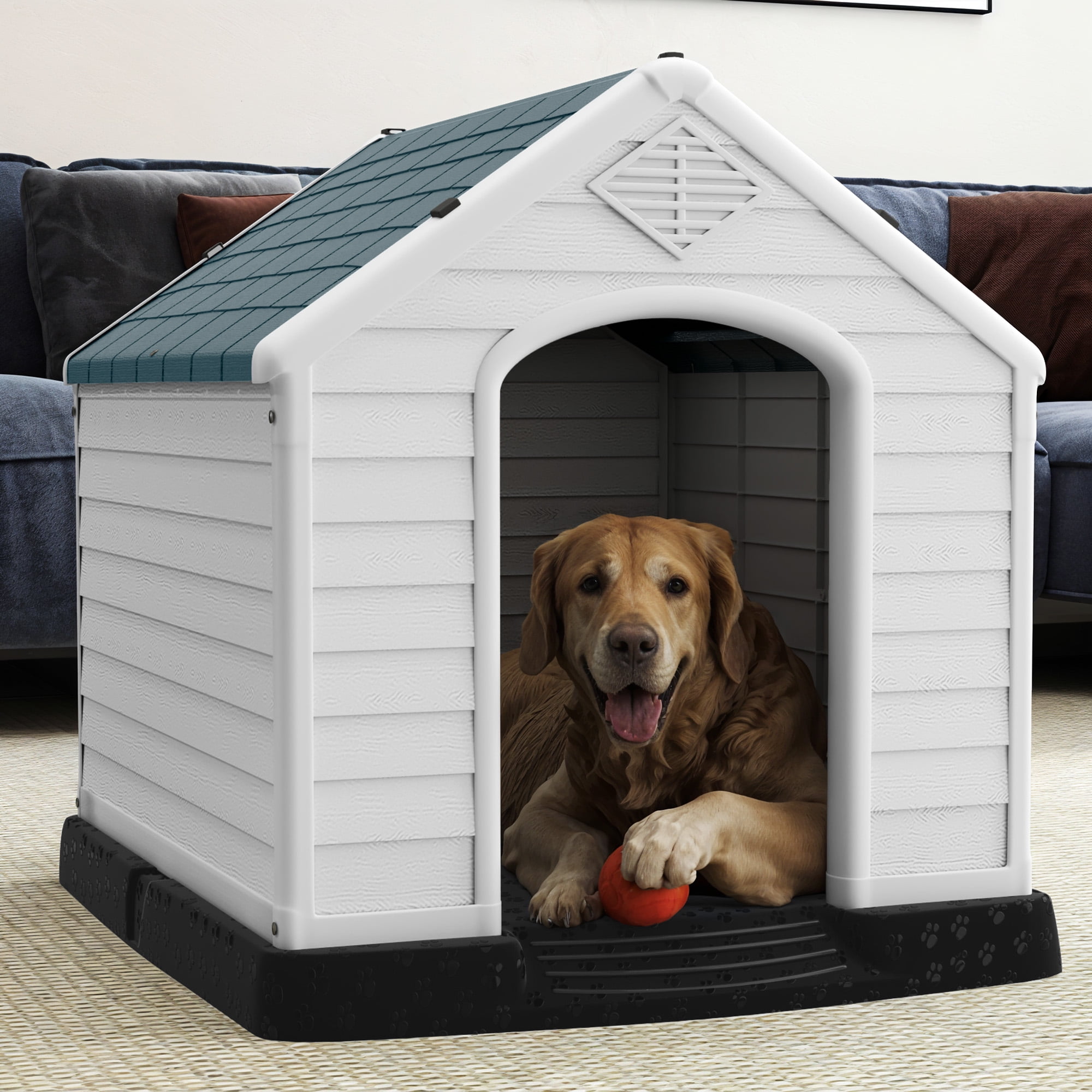 Dextrus 28" Plastic Dog House, Waterproof with Elevated Floor & Air Vents, Easy Clean & Assemble, Gray