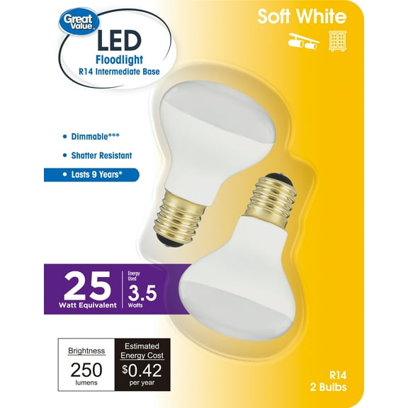 Great Value Dimmable R14 LED Directional Floodlight, 3.5W (25W Equivalent) E17 Base, Soft White 2 PK
