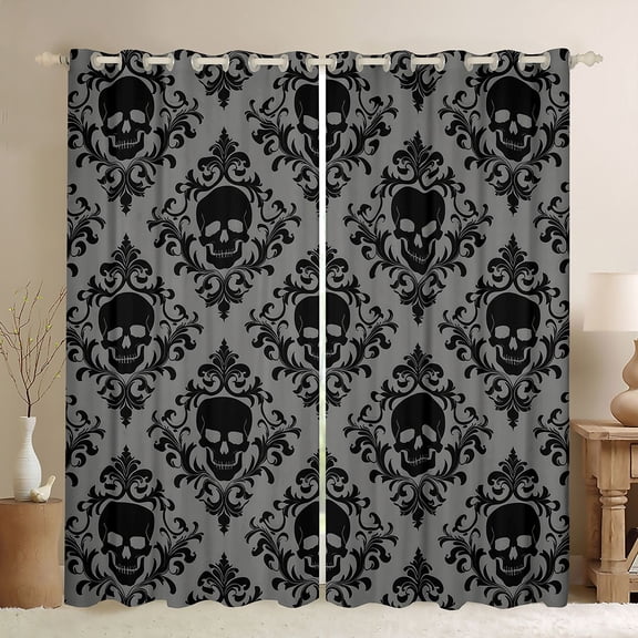 Homewish Bohemian Skull Skeleton Kitchen Curtains,Hipple Damask Black Out Curtains Pack of 2 (42x63 Each),Gray Black,Halloween Living Room Curtains