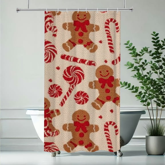 RKSupls Christmas Shower Curtain, Knit Gingerbread Candy Curtain with Hooks for Home Bathroom Decor Washable Curtains, 36x72 in