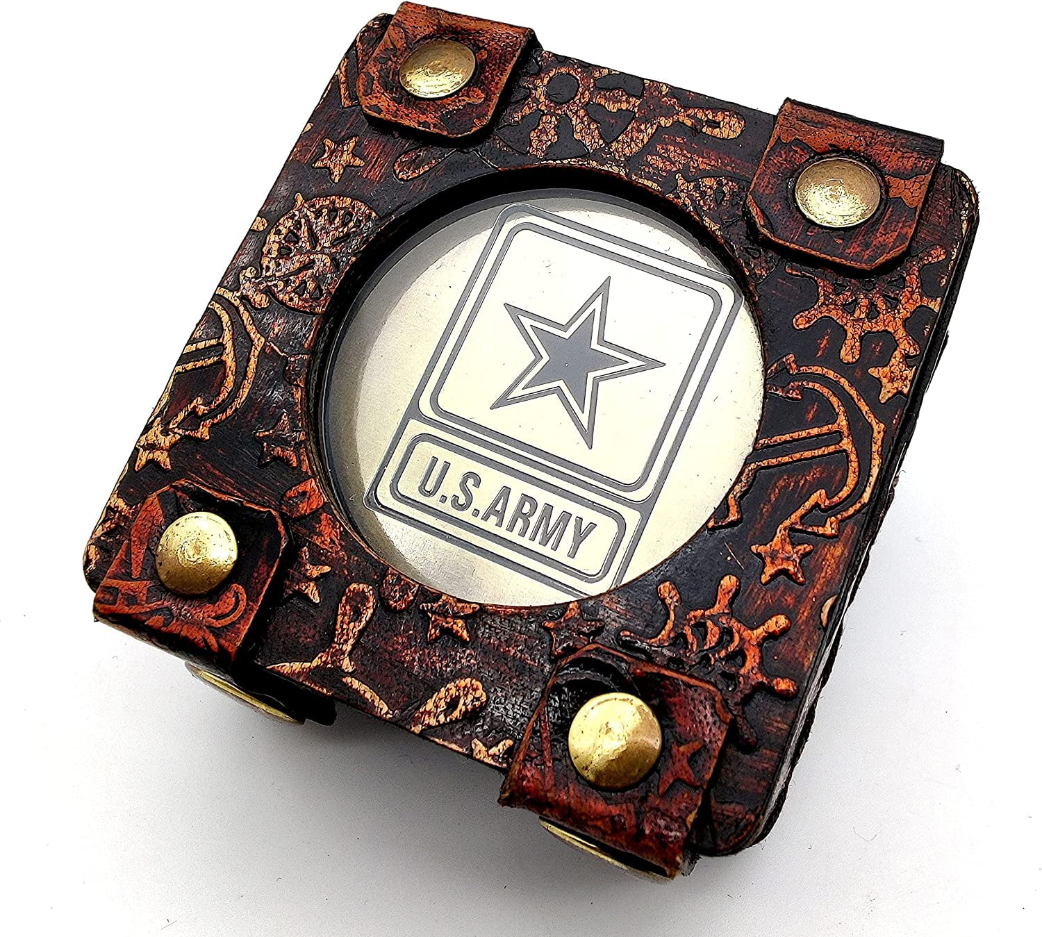 5MOONSUN5's US Army Engraved Brass Military Compass Nautical Marine Gift A Perfect and Unique Gift for Army Person Survival Navigation Compass for Hiking Camping Hunting with Leather Display Case