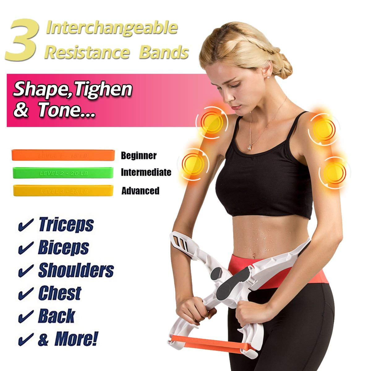 Upper Arm Exerciser Strengthens Brawn Training Device Forearm Wrist Force Fitness Equipment with 3 Resistance Bands,Neat and Portable Arms Workout Machine White 