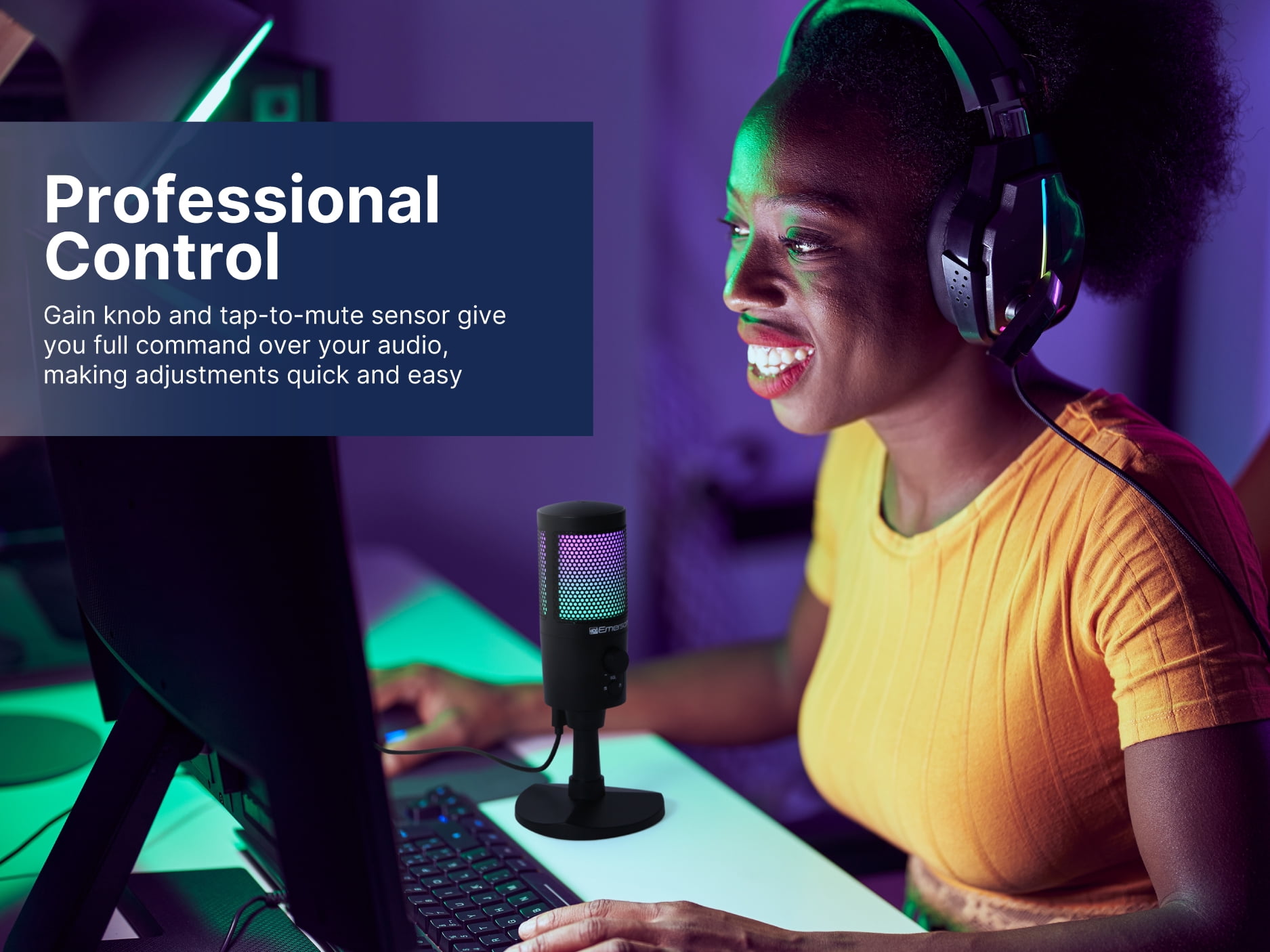 Emerson USB Gaming & Streaming Microphone with RGB Lighting with Tap-to-Mute