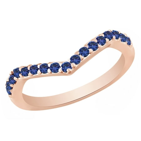 - Round Cut Blue Sapphire Chevron Band Ring in 14k Rose Gold Over Sterling Silver (0.36 Cttw) Size Ring - 4