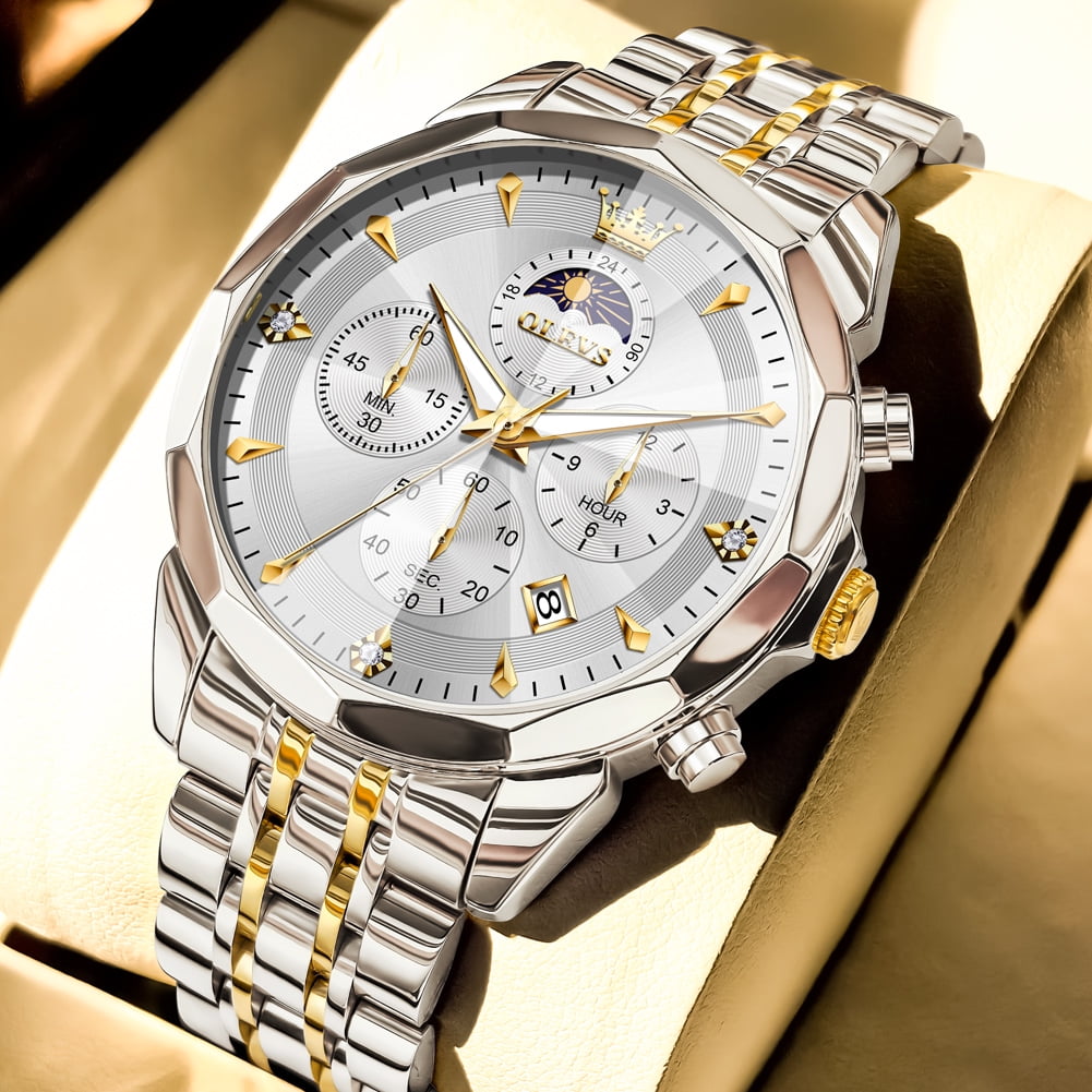 OLEVS Watches For Men Business Dress Luxury Casual Chronograph Multifunction Analog Quartz Stainless Steel Waterproof Luminous Moon Phase Date Men Wrist Watches Reloj Para Hombre White Dial