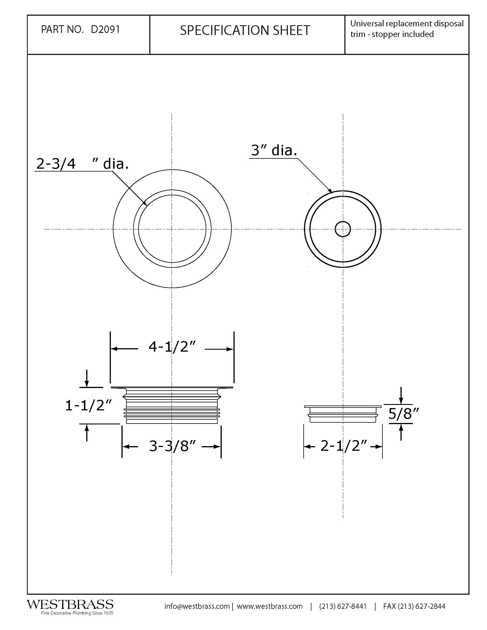 Westbrass Kitchen Sink Disposal Drain Flange Trim and Stopper Set, Polished Chrome