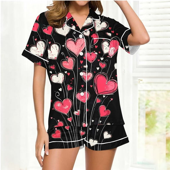 Censtreet Womens Pajamas Set Button Down Summer Heart Printed Sleepwear Short Sleeve Comfy Pjs Loungewear Set
