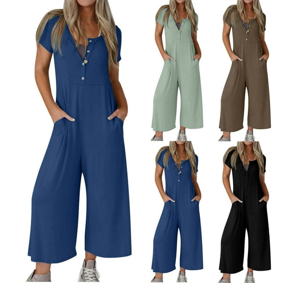 Utoimkio Women's Casual Loose Short Sleeve Button Down Jumpsuits Wide Leg Long Pants Romper with Pockets